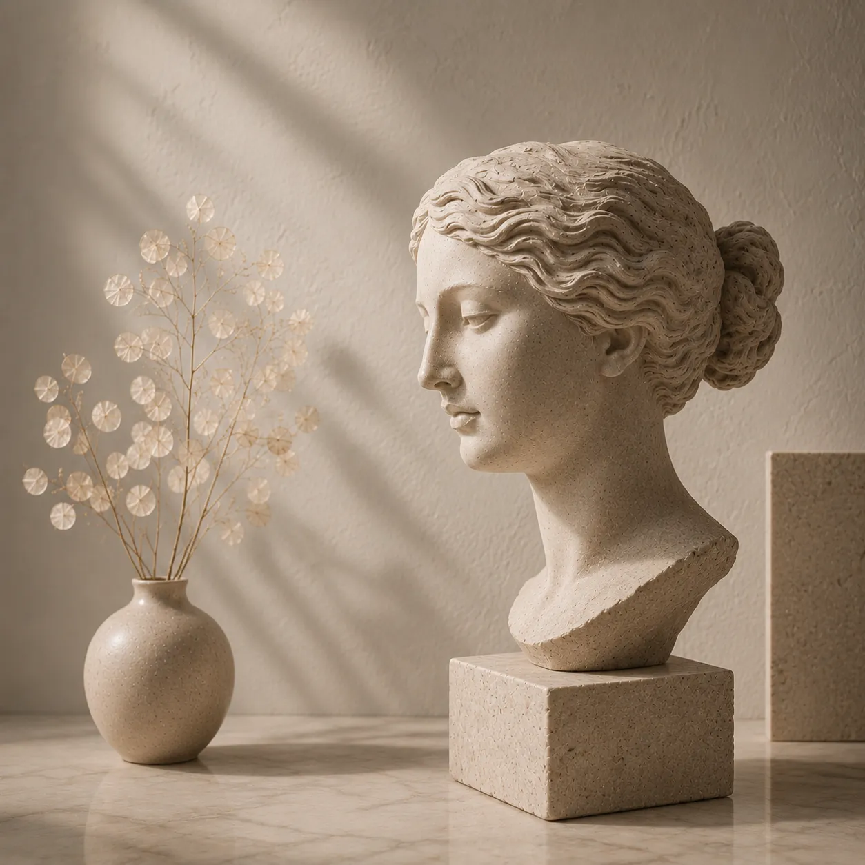 Minimalist classical sculpture symbolising ageing gracefully, wisdom, time and natural beauty