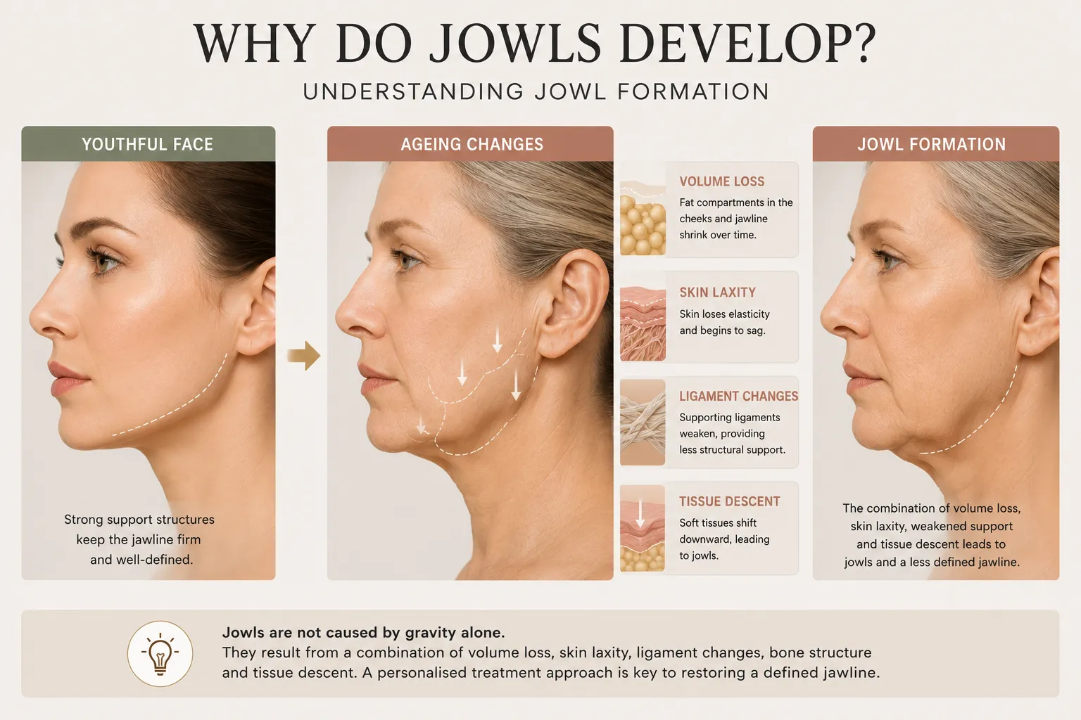 Why do jowls develop lower face ageing and jawline softening