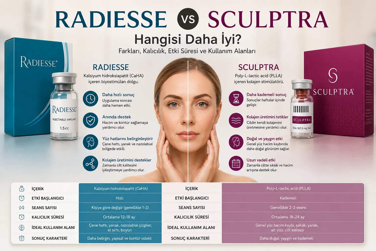 Radiesse ve Sculptra karşılaştırması İstanbul kolajen stimülan dolgu
