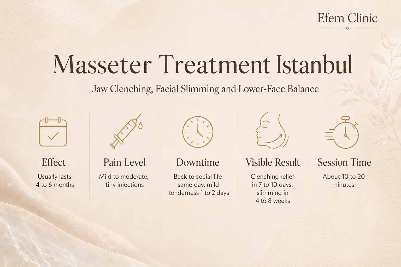 Masseter treatment infographic for jaw clenching lower face slimming and result timeline in Istanbul