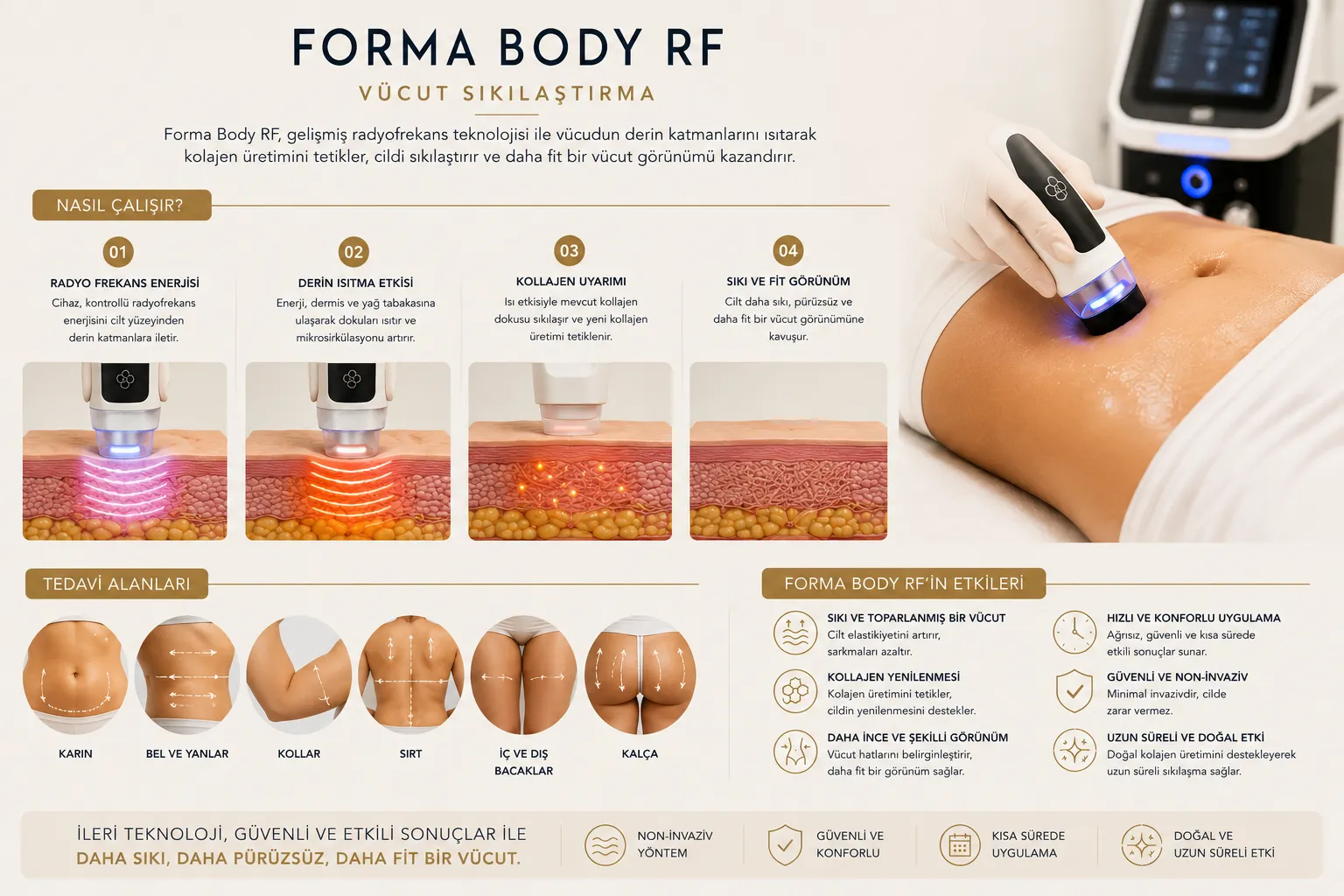 Forma Body RF nasıl &ccedil;alışır radyofrekans kolajen &uuml;retimi v&uuml;cut sıkılaştırma Istanbul