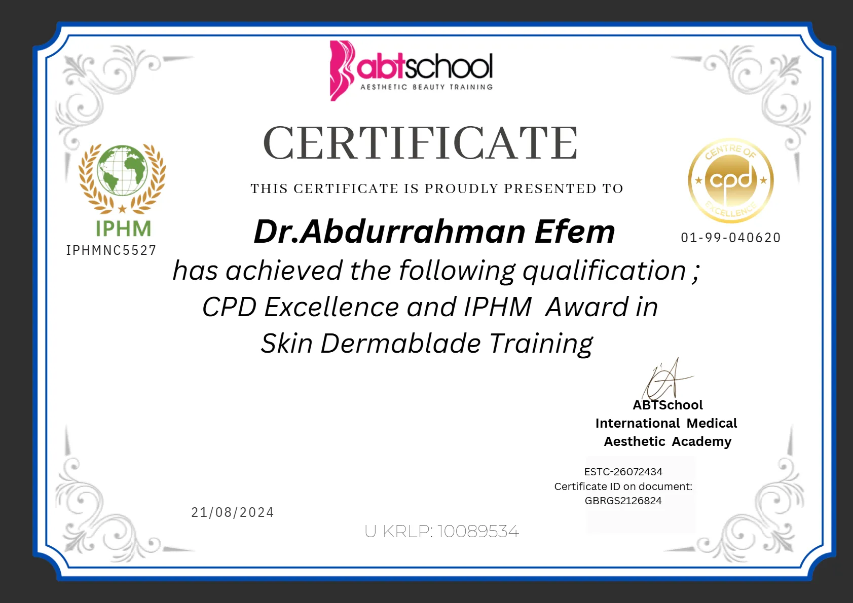 abdurrahman efem london skin dermablade certificate