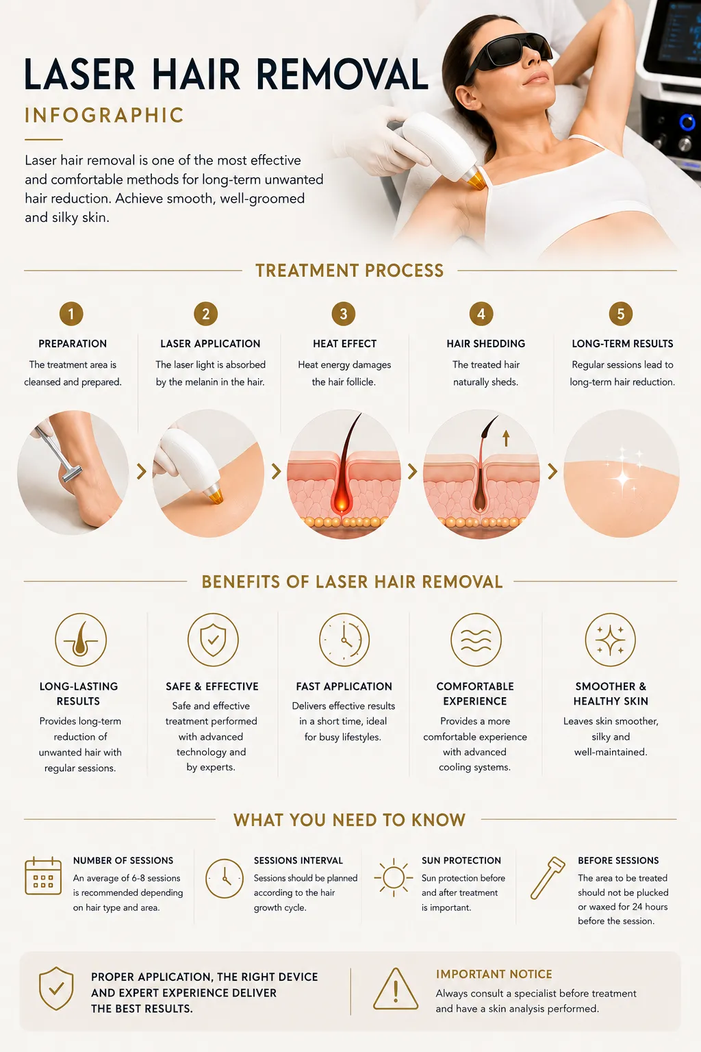 Laser hair removal process and benefits infographic skin hair analysis and session planning Istanbul