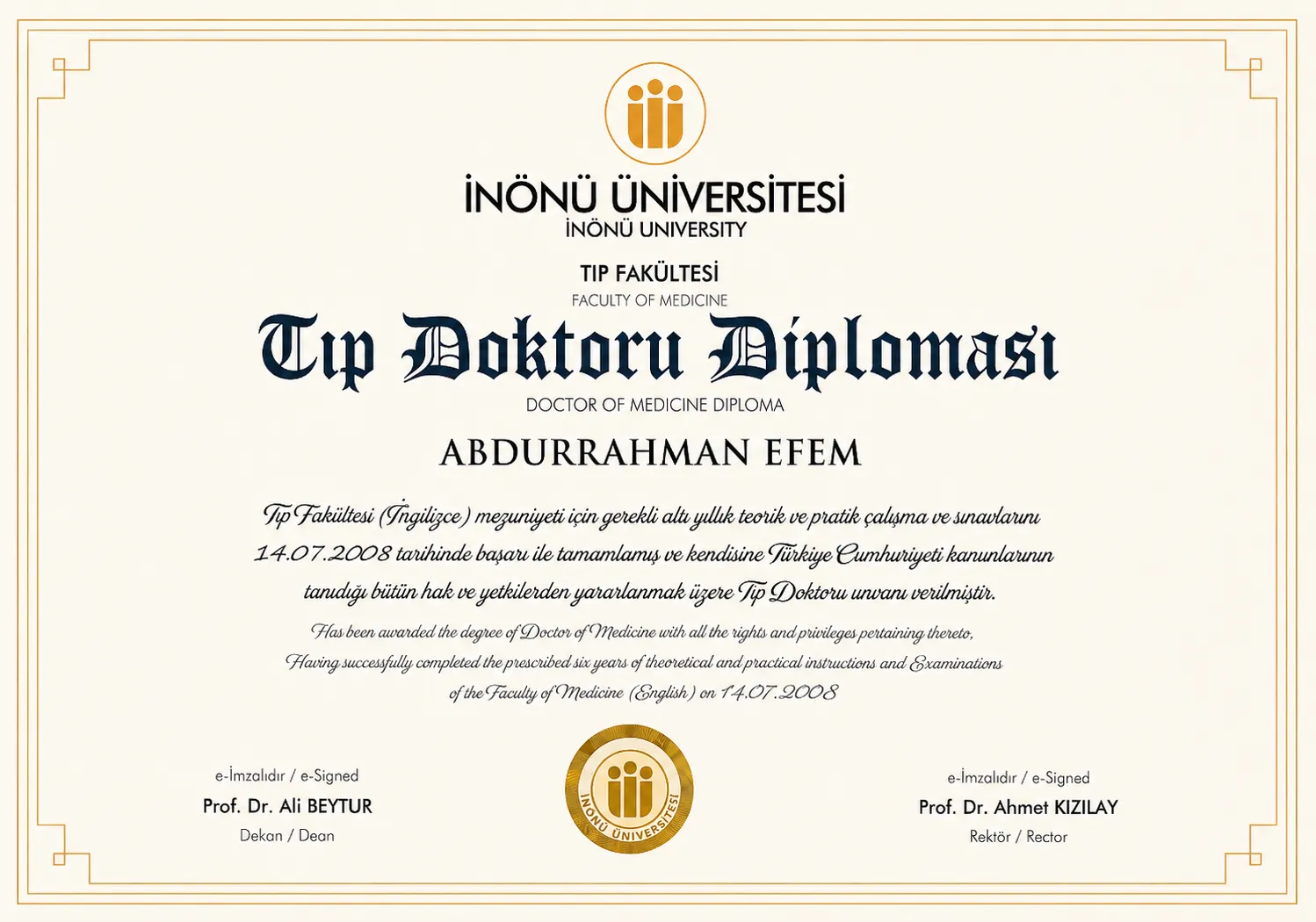 abdurrahman efem tıp doktoru diploması in&ouml;n&uuml; &uuml;niversitesi tıp fak&uuml;ltesi