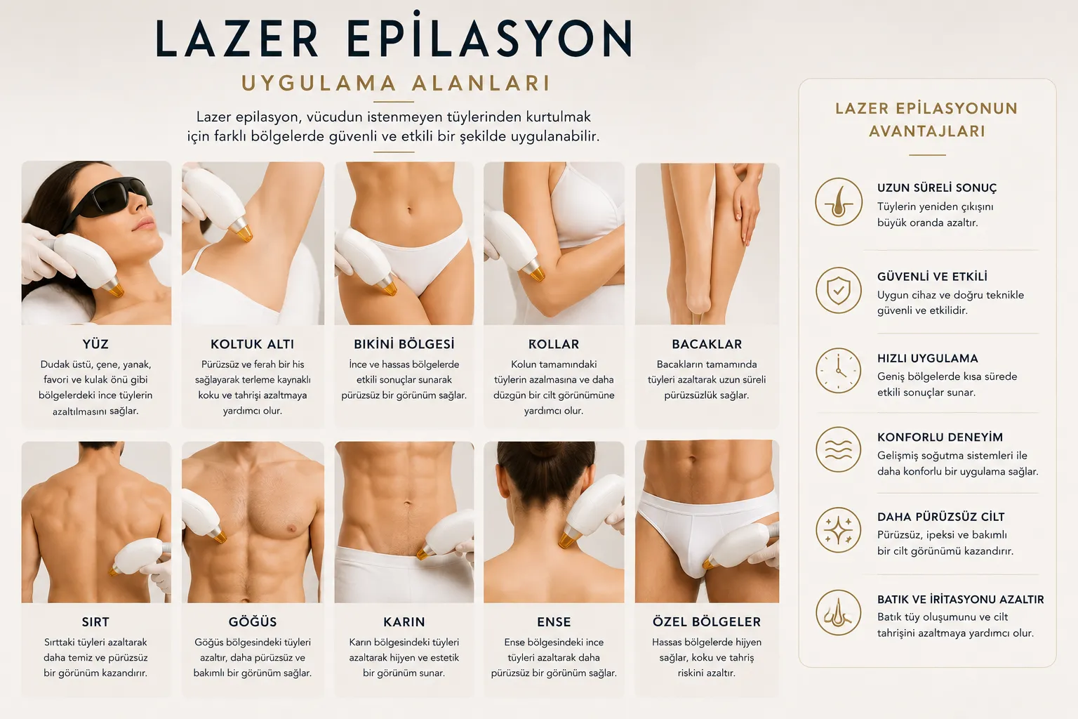 Lazer epilasyon tedavi alanları y&uuml;z kol bacak koltuk altı bikini sırt g&ouml;ğ&uuml;s Istanbul Levent