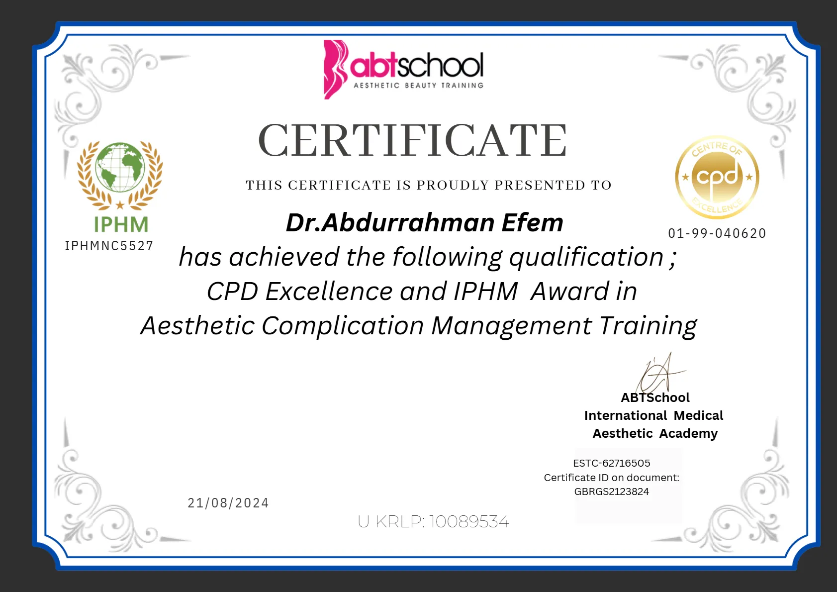 abdurrahman efem london aesthetic complication management certificate