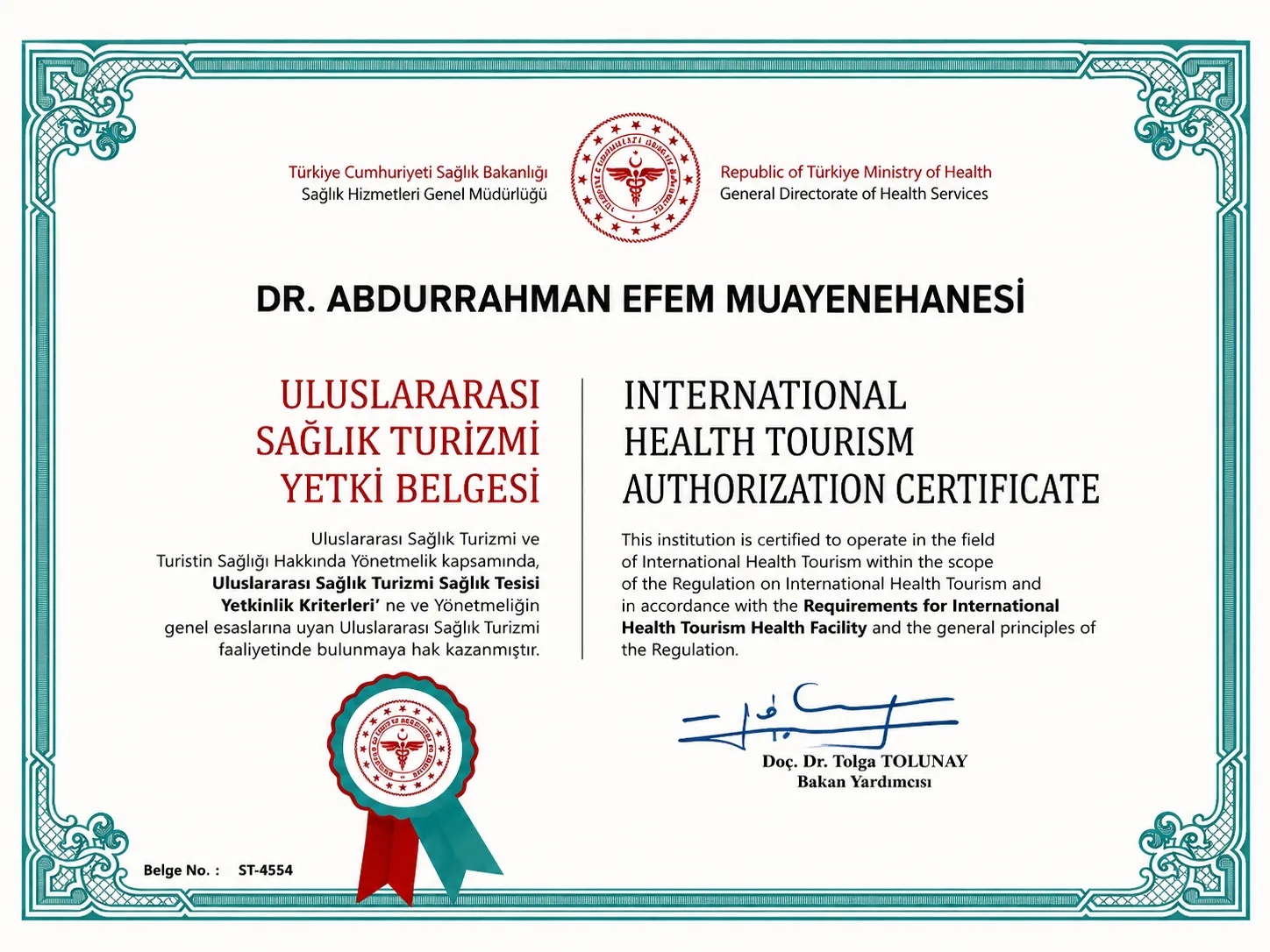 efem clinic uluslararası sağlık turizmi yetki belgesi st-4554