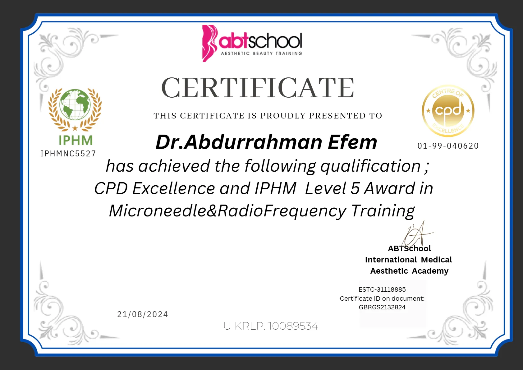 abdurrahman efem london microneedle and radiofrequency certificate
