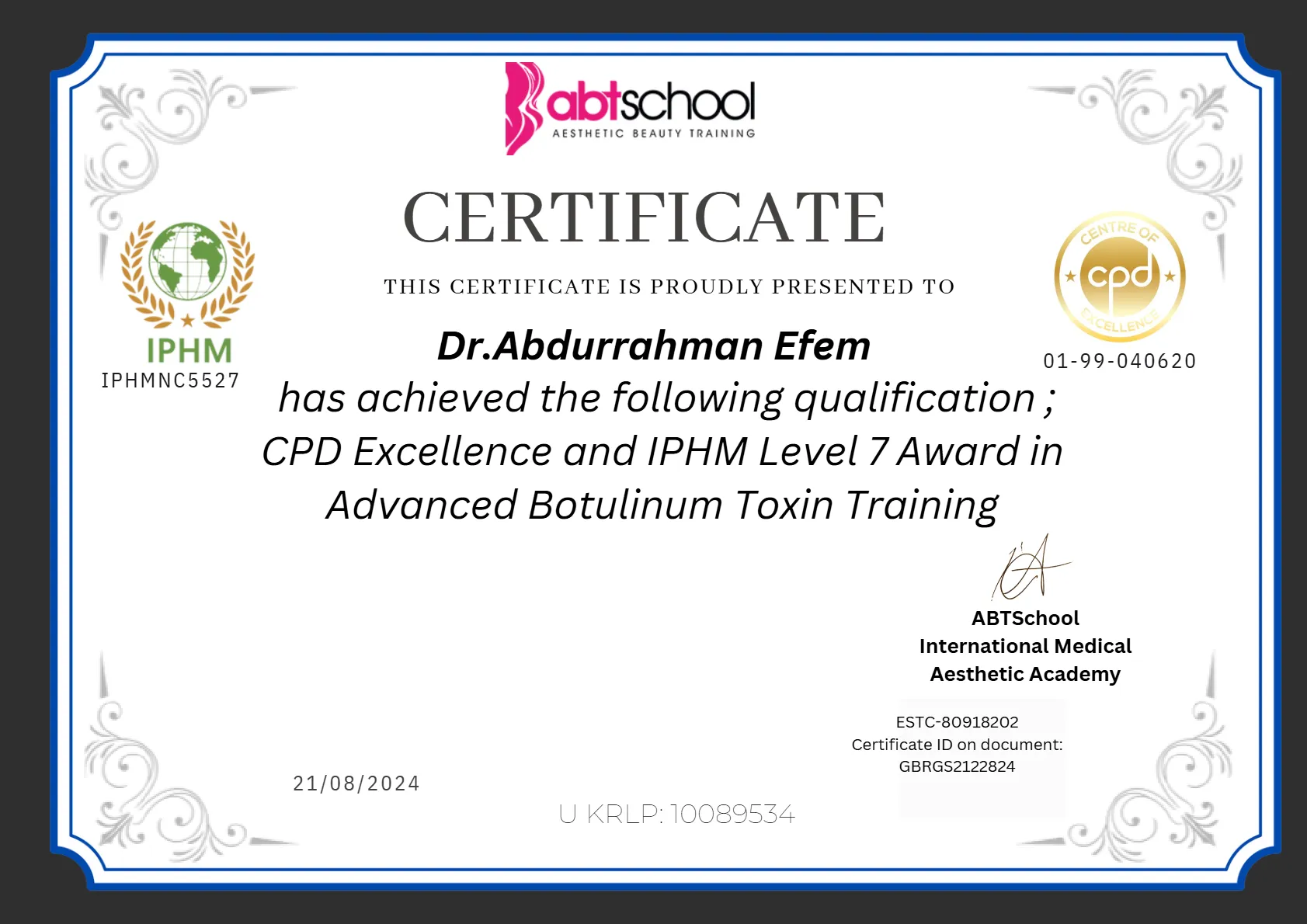 abdurrahman efem london advanced botox training certificate