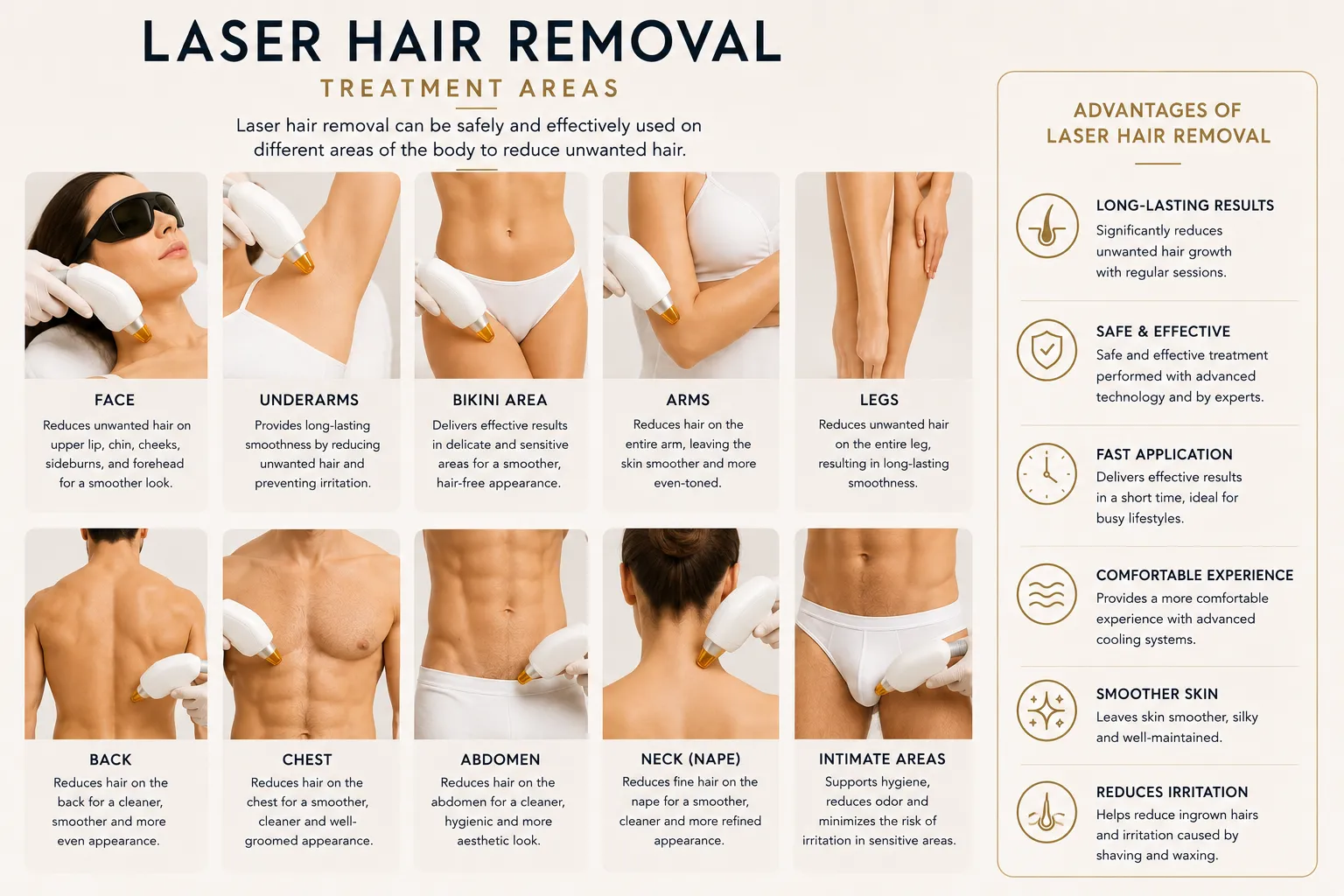 Laser hair removal treatment areas face arms legs underarms bikini back chest Istanbul Levent