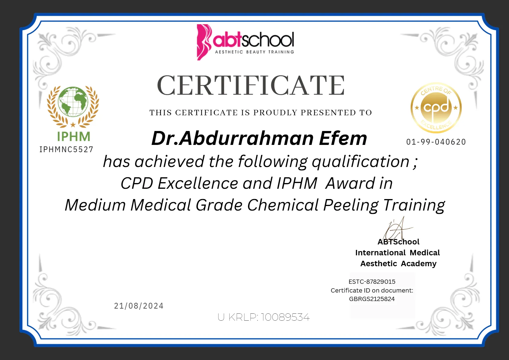 abdurrahman efem london medical grade chemical peeling certificate