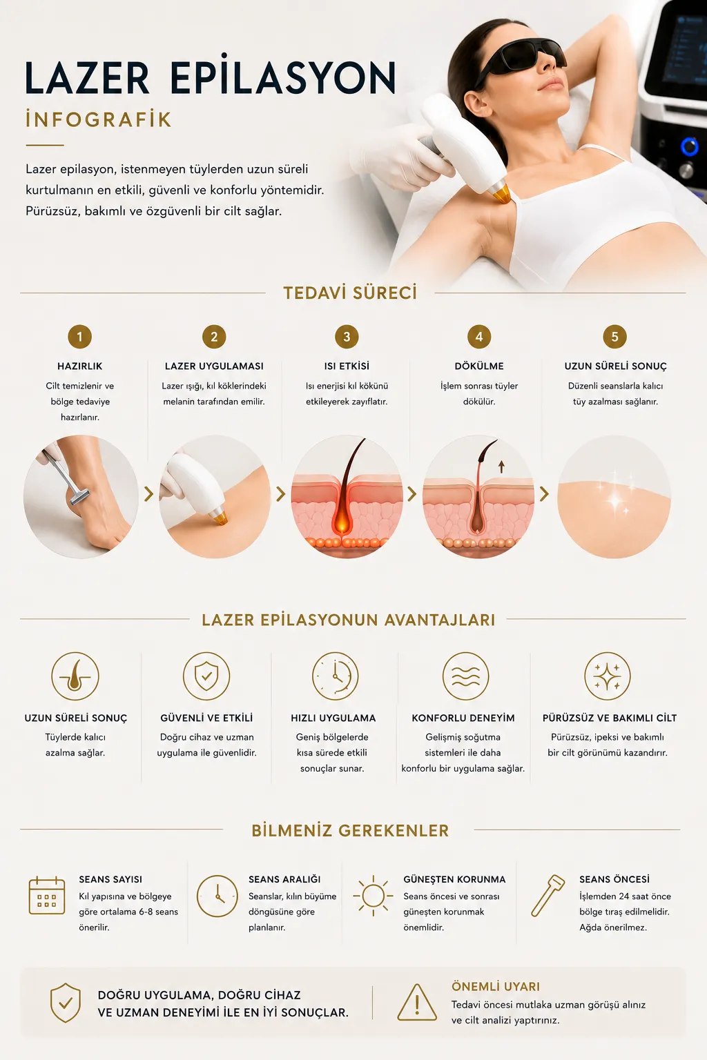 Lazer epilasyon infografik seans s&uuml;reci cilt kıl analizi ve d&uuml;zenli uygulama Istanbul