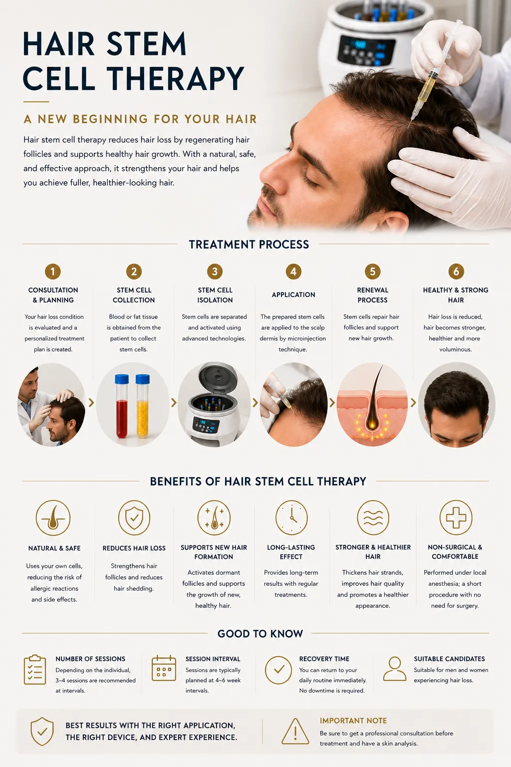 Hair stem cell therapy infographic for scalp support follicle activity regenerative planning and session process Istanbul