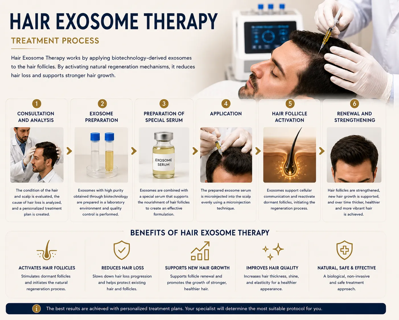 Hair exosome therapy infographic for hair follicle signaling scalp quality and treatment planning Istanbul