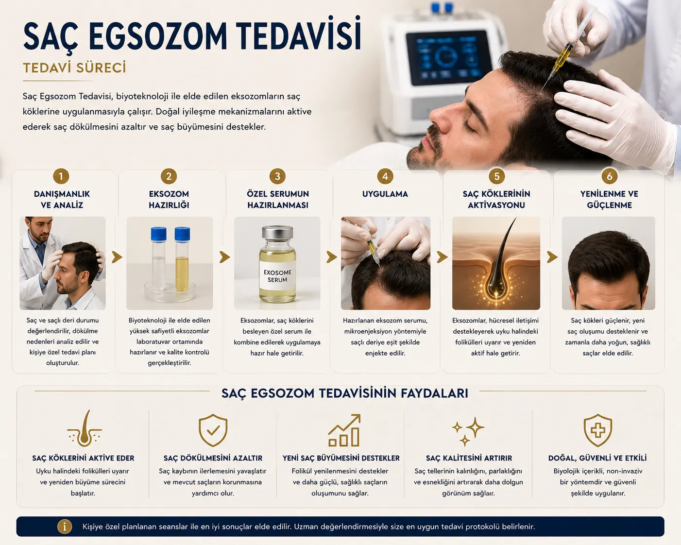 Sa&ccedil; egzozom tedavisi infografik sa&ccedil; k&ouml;k&uuml; sa&ccedil;lı deri ve rejeneratif destek Istanbul
