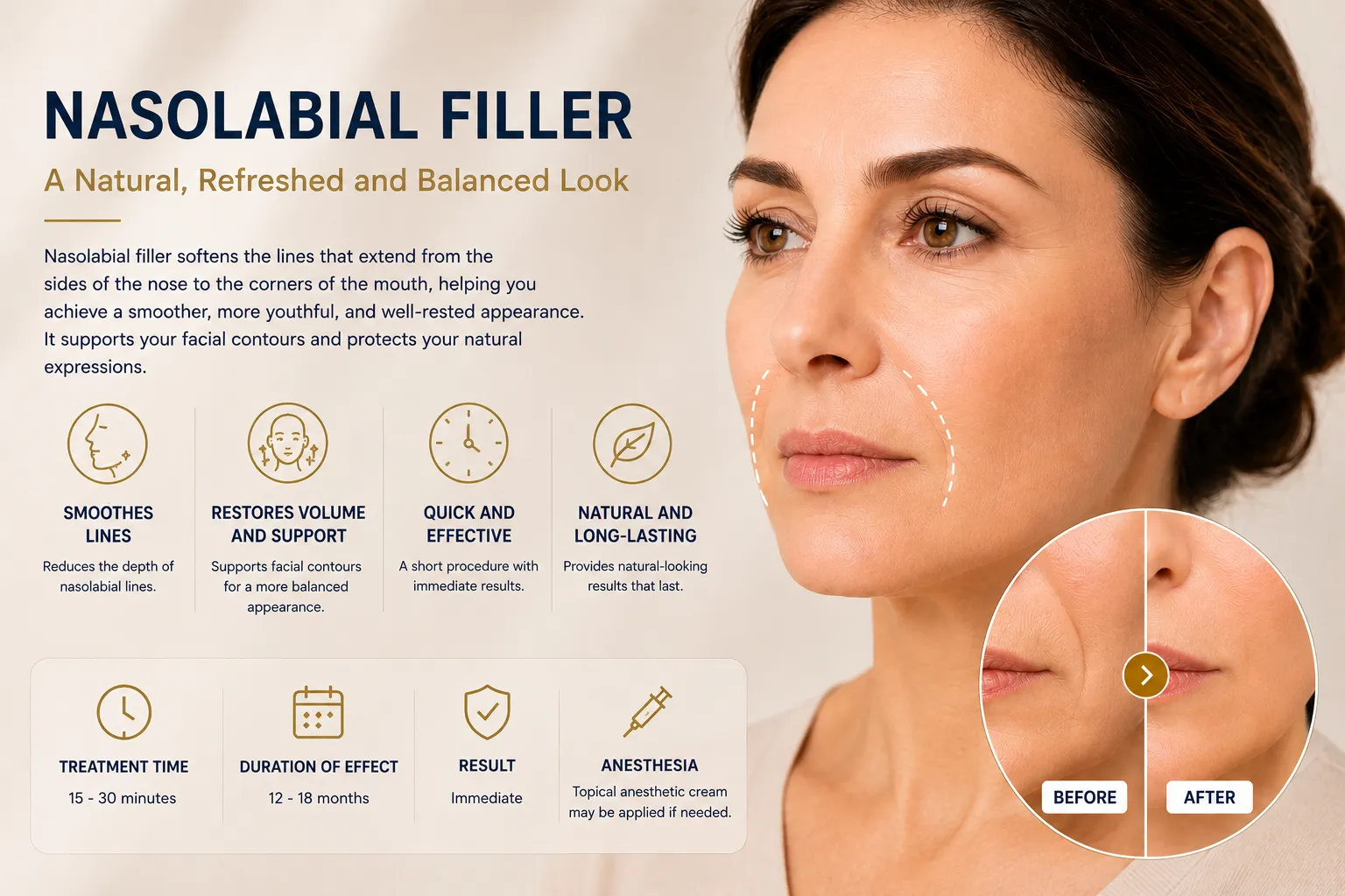 Nasolabial filler in Istanbul Levent for smile lines and natural facial balance