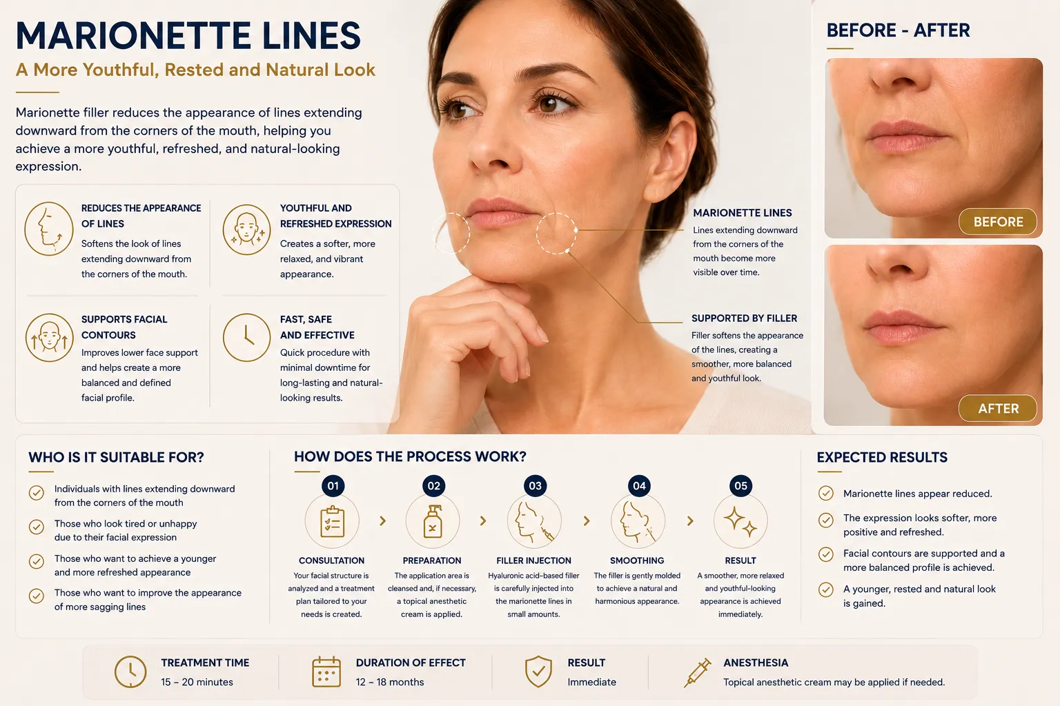 Marionette filler infographic for mouth corner lines lower face contour and treatment information Istanbul