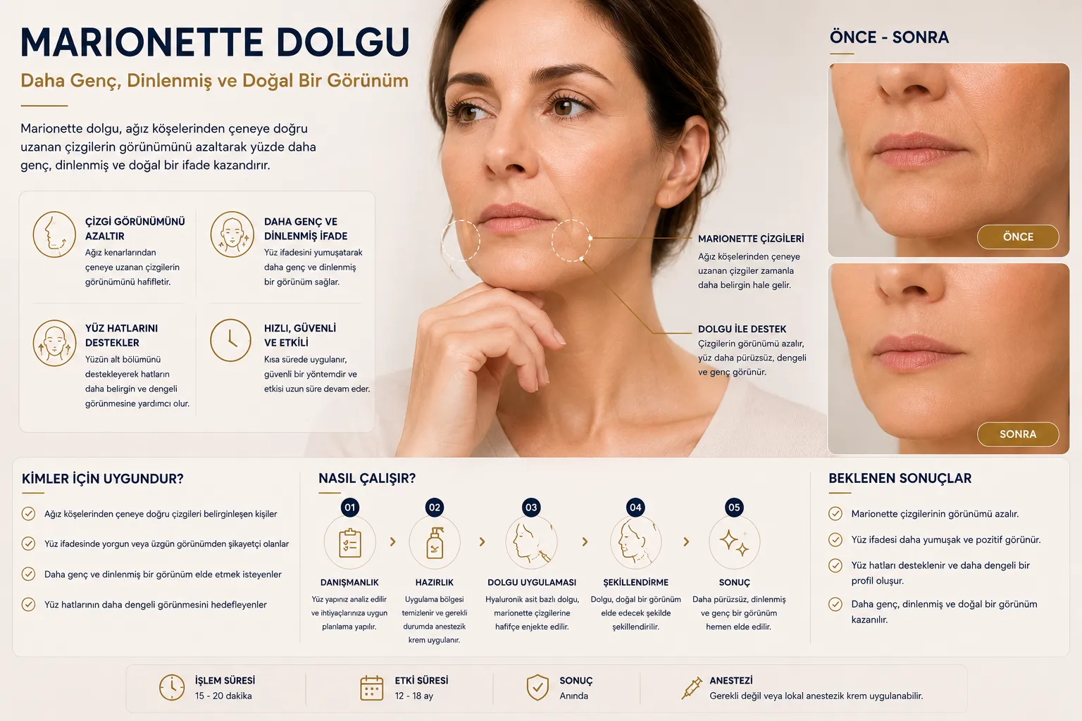 Marionette dolgusu infografik ağız kenarı &ccedil;izgileri alt y&uuml;z kont&uuml;r&uuml; ve uygulama bilgileri Istanbul