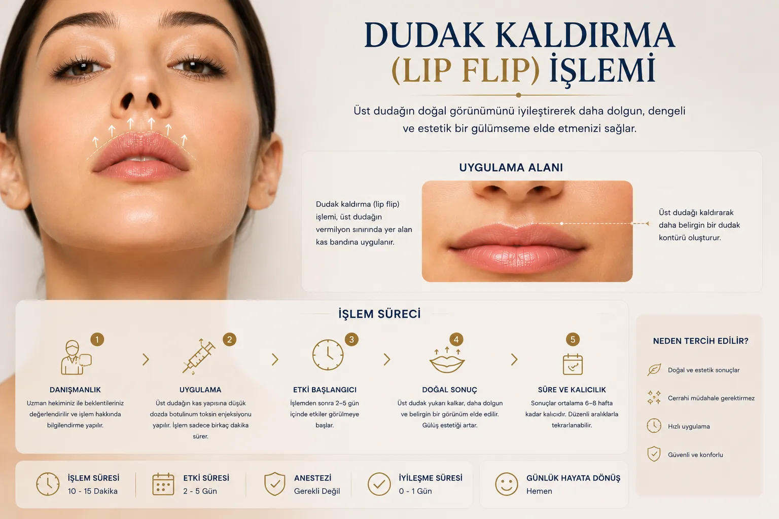 Lip Flip uygulama alanı &uuml;st dudak formu g&uuml;l&uuml;ş ve dudak belirginliği Istanbul Levent