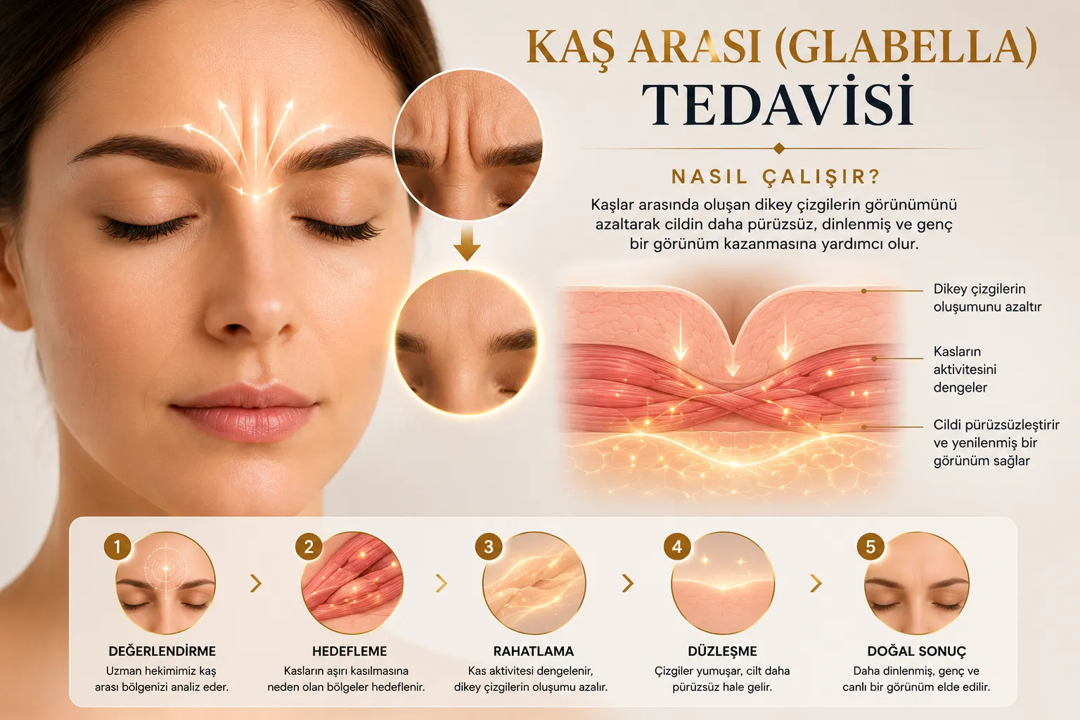 Kaş arası botoksu nasıl &ccedil;alışır glabella kasları ve &ccedil;atık ifade &ccedil;izgileri Istanbul
