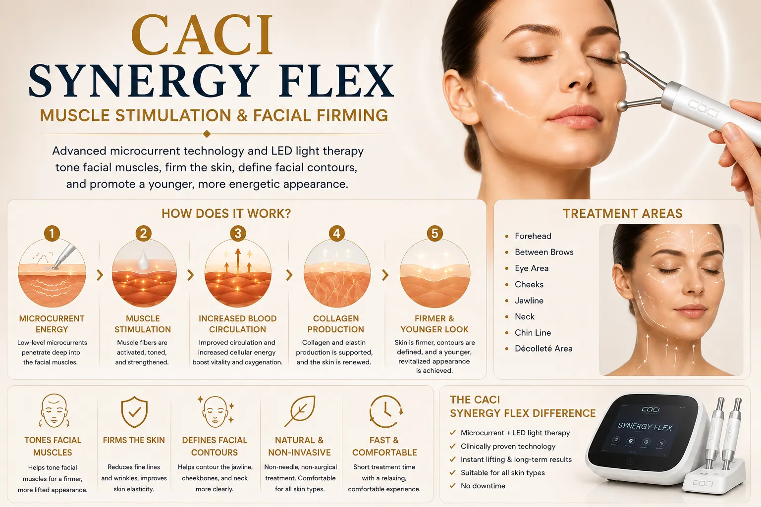 How CACI Synergy Flex works for facial muscle stimulation and skin firming in Istanbul