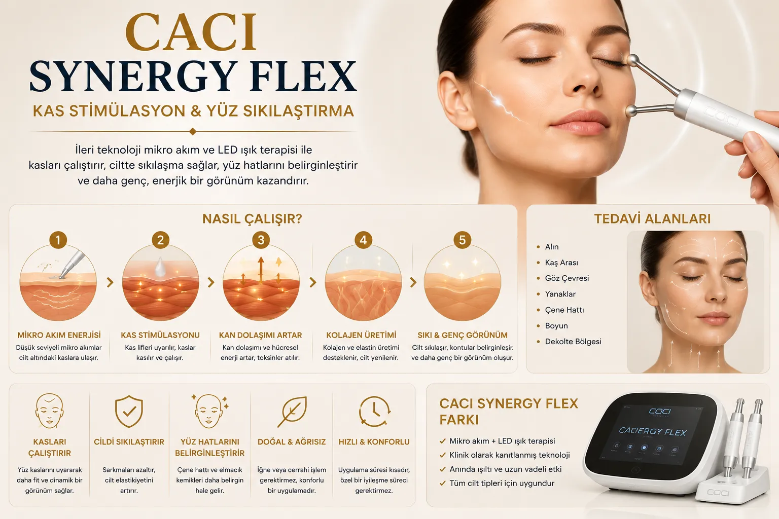 CACI Synergy Flex nasıl &ccedil;alışır y&uuml;z kas stim&uuml;lasyonu ve cilt sıkılaştırma İstanbul