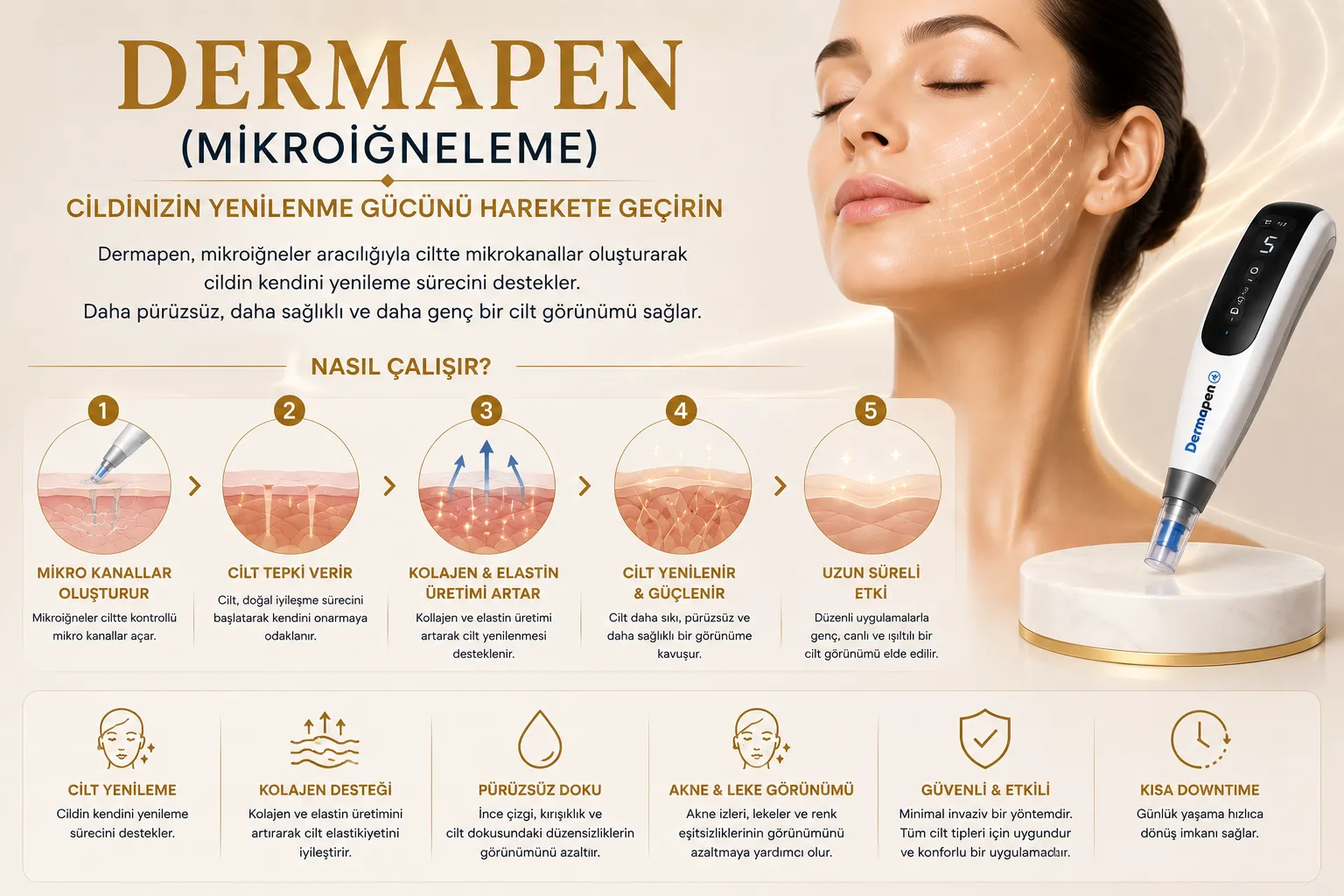 Dermapen mikroneedling nasıl &ccedil;alışır kolajen &uuml;retimi ve cilt yenilenme s&uuml;reci Istanbul