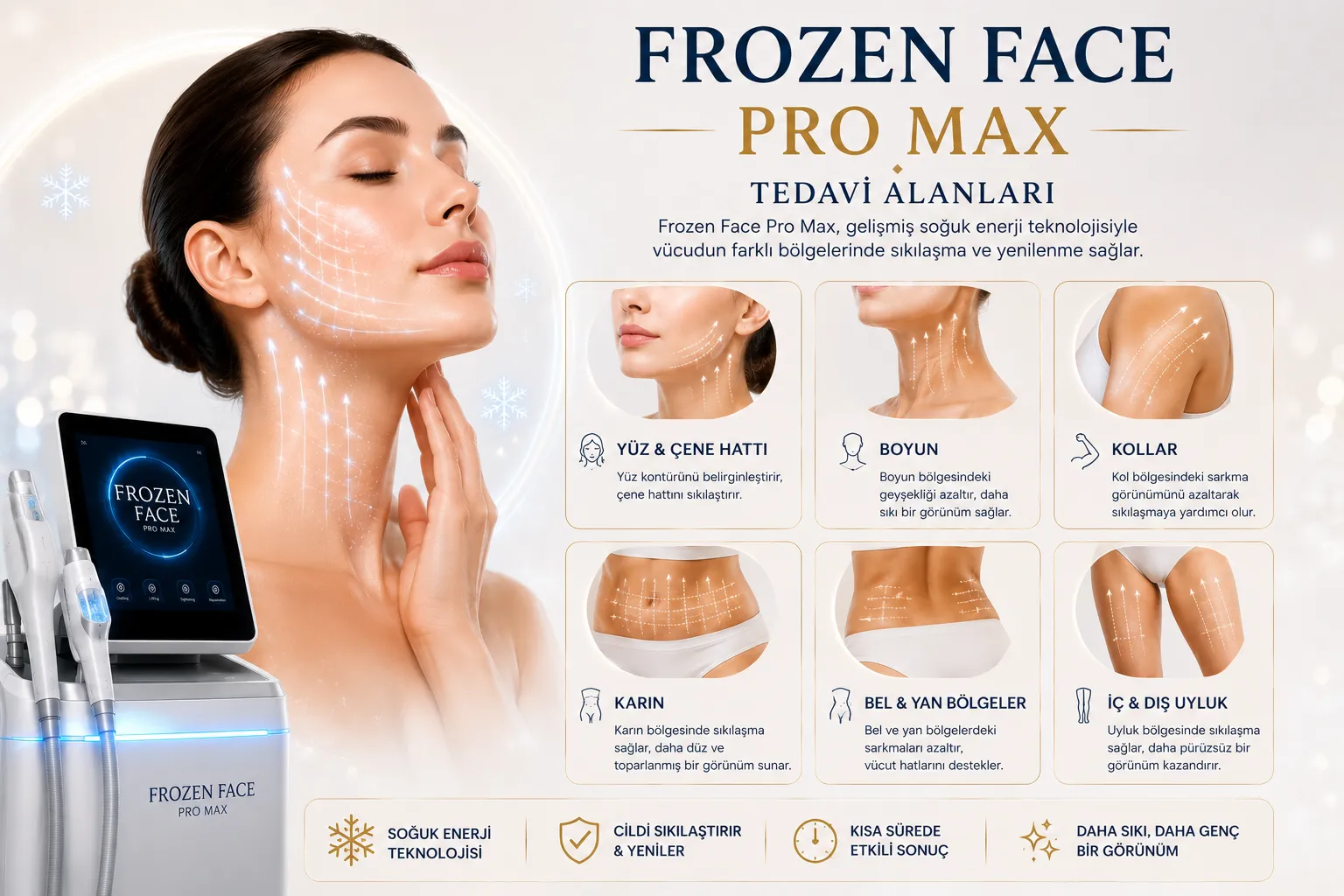 Frozen Face Pro Max tedavi alanları y&uuml;z boyun dekolte cilt nemi ve parlaklık Istanbul
