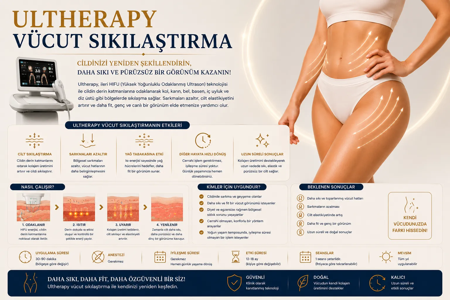 Ultherapy Body nasıl &ccedil;alışır odaklanmış ultrason kolajen &uuml;retimi ve v&uuml;cut sıkılaşması Istanbul