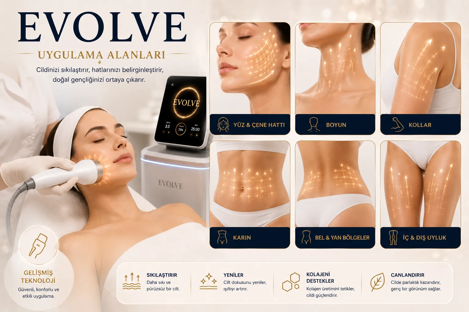Evolve uygulama alanları karın bel kal&ccedil;a bacak kas aktivasyonu ve v&uuml;cut sıkılaştırma Istanbul