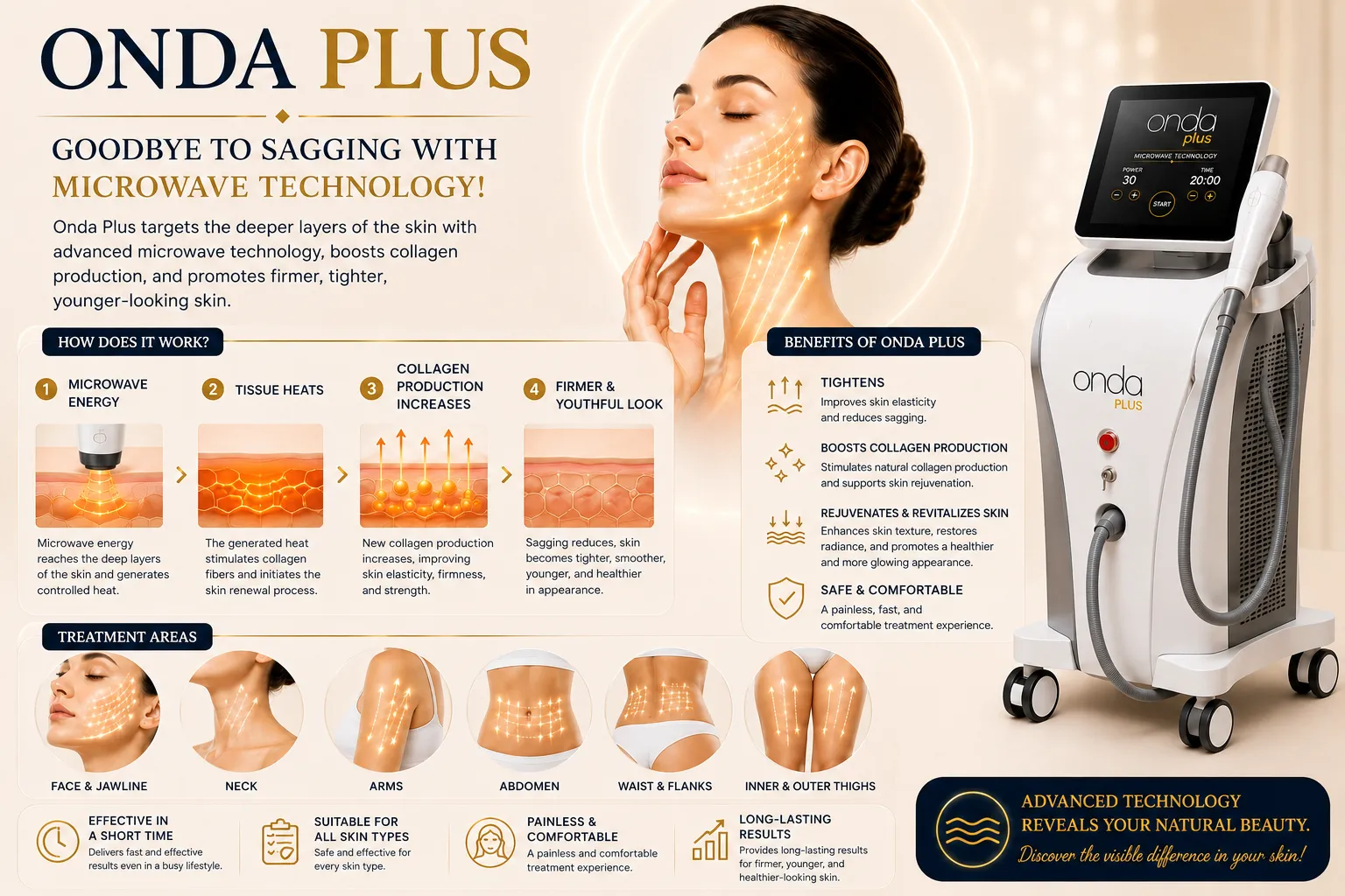 How Onda Plus works with microwave technology for localized fat cellulite and tightening in Istanbul