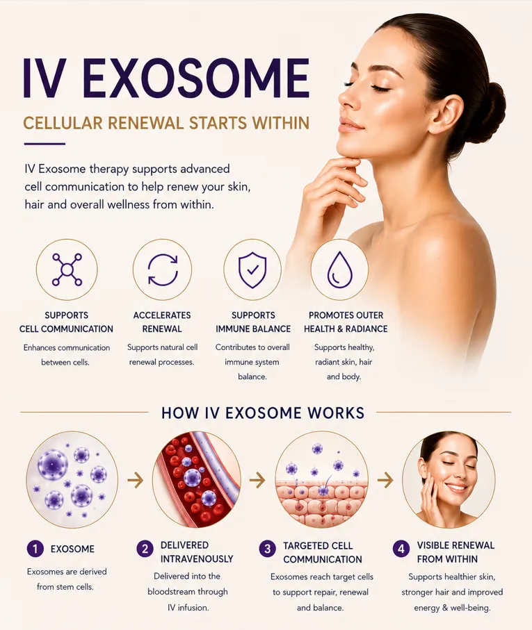 IV exosome therapy mechanism and treatment process infographic