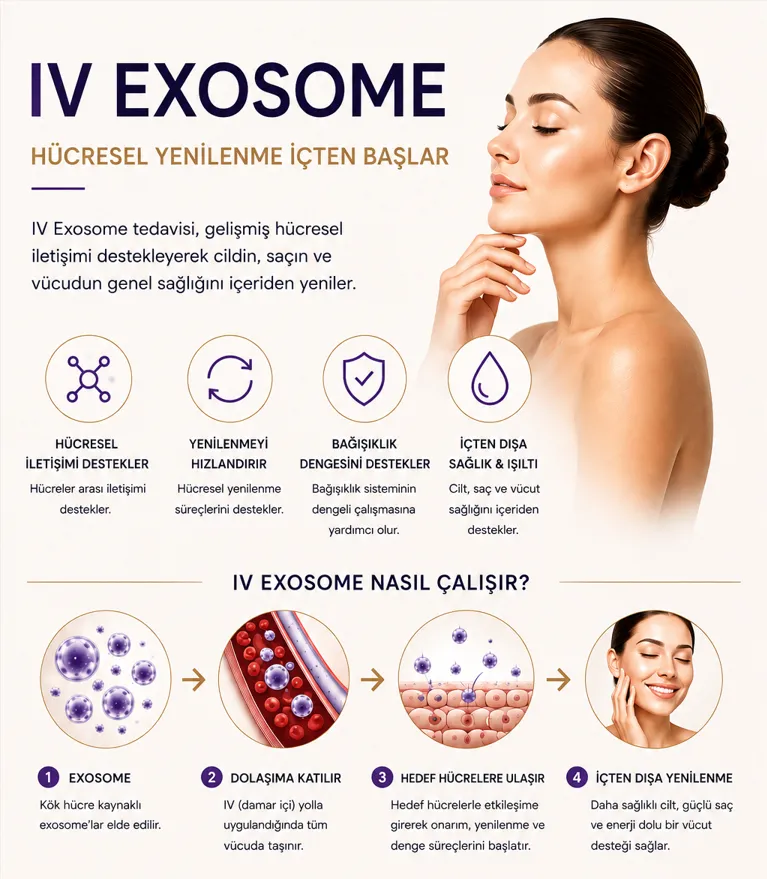 IV eksozom tedavisi mekanizması ve uygulama s&uuml;reci infografiği