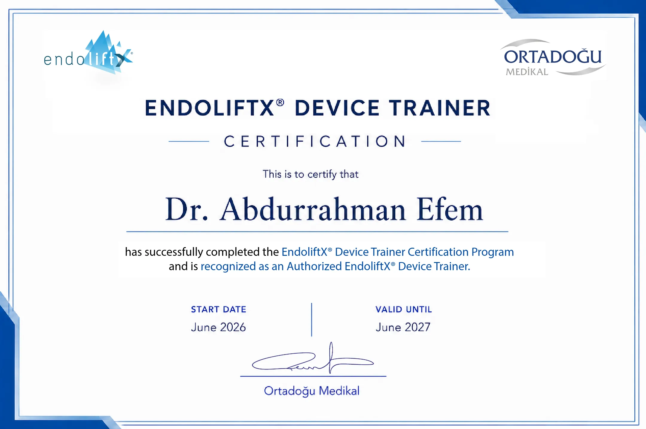 Dr. Abdurrahman Efem EndoliftX eğitmen sertifikası